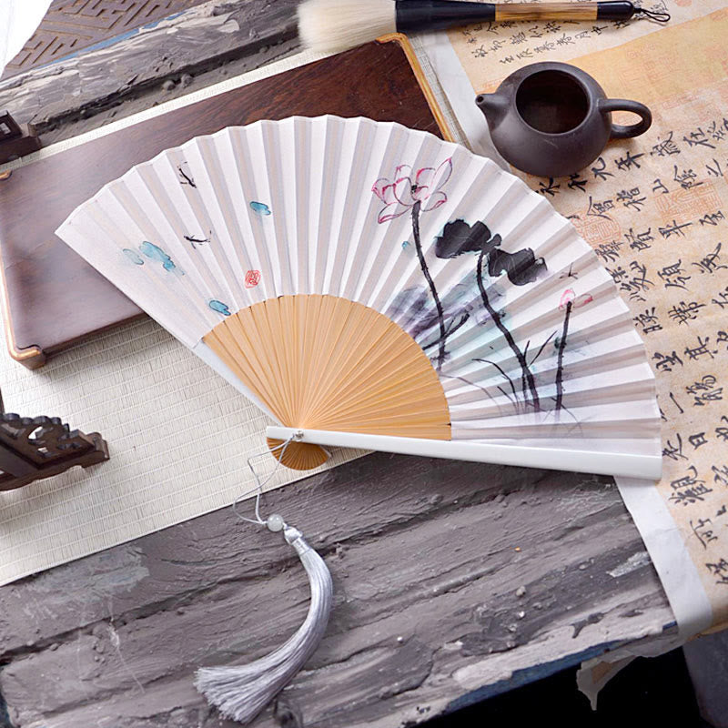 Buddha Stones Chinese Characters Ink Painting Lotus Flower Leaf Landscape Handheld Huayao Crepe Polyester Bamboo Folding Fan 23.3cm - Lotus flowers Leaves 23.3cm - image 5