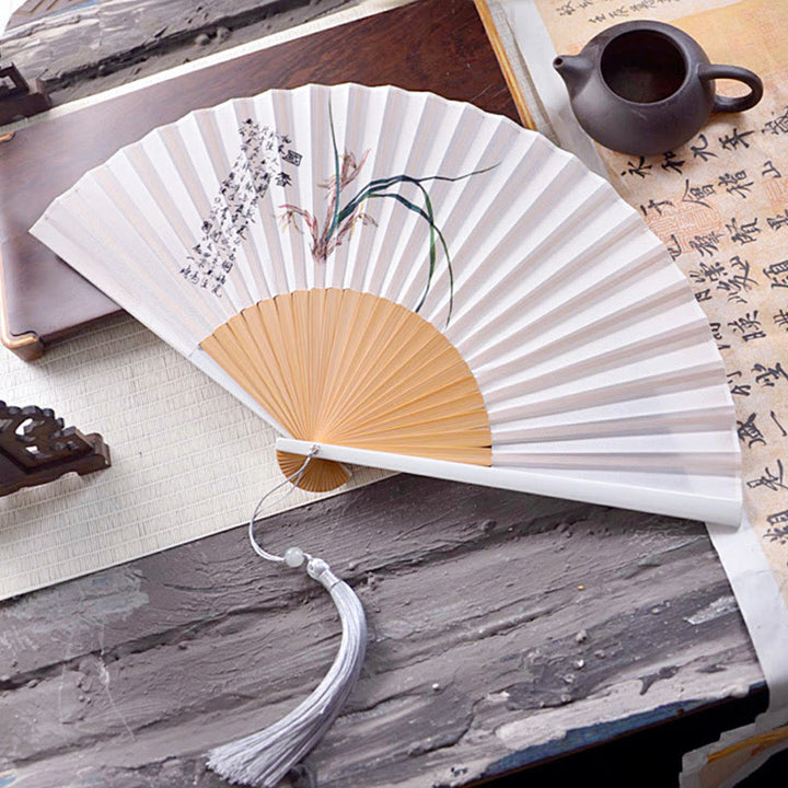 Buddha Stones Chinese Characters Ink Painting Lotus Flower Leaf Landscape Handheld Huayao Crepe Polyester Bamboo Folding Fan 23.3cm - Orchid 23.3cm - image 9
