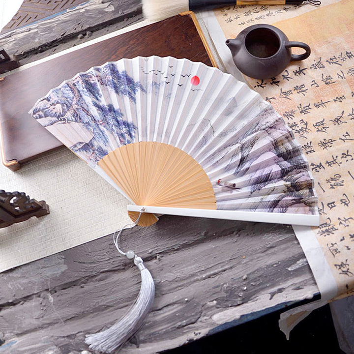 Buddha Stones Chinese Characters Ink Painting Lotus Flower Leaf Landscape Handheld Huayao Crepe Polyester Bamboo Folding Fan 23.3cm - Landscape 23.3cm - image 8