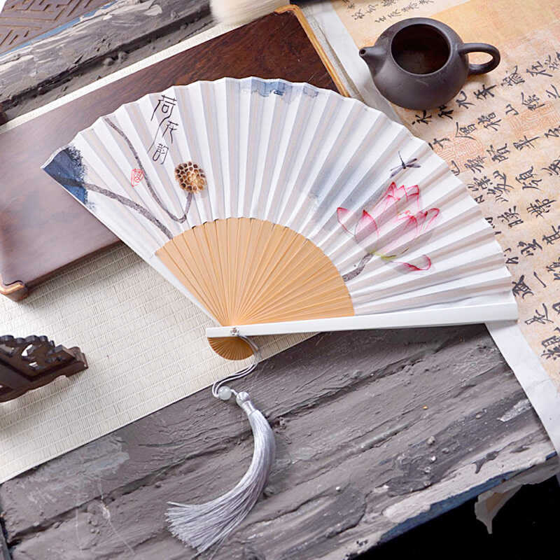 Buddha Stones Chinese Characters Ink Painting Lotus Flower Leaf Landscape Handheld Huayao Crepe Polyester Bamboo Folding Fan 23.3cm - Lotus 23.3cm - image 1