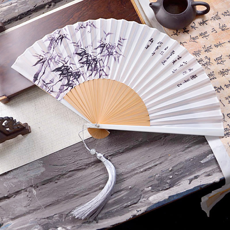 Buddha Stones Chinese Characters Ink Painting Lotus Flower Leaf Landscape Handheld Huayao Crepe Polyester Bamboo Folding Fan 23.3cm - Bamboo 23.3cm - image 10