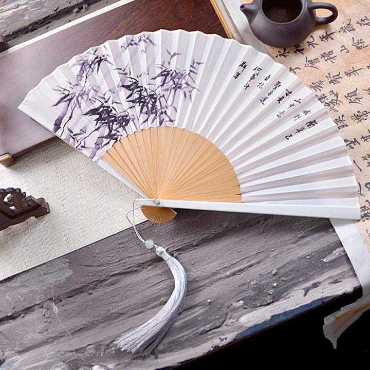 Buddha Stones Chinese Characters Ink Painting Lotus Flower Leaf Landscape Handheld Huayao Crepe Polyester Bamboo Folding Fan 23.3cm - Bamboo 23.3cm - image 10