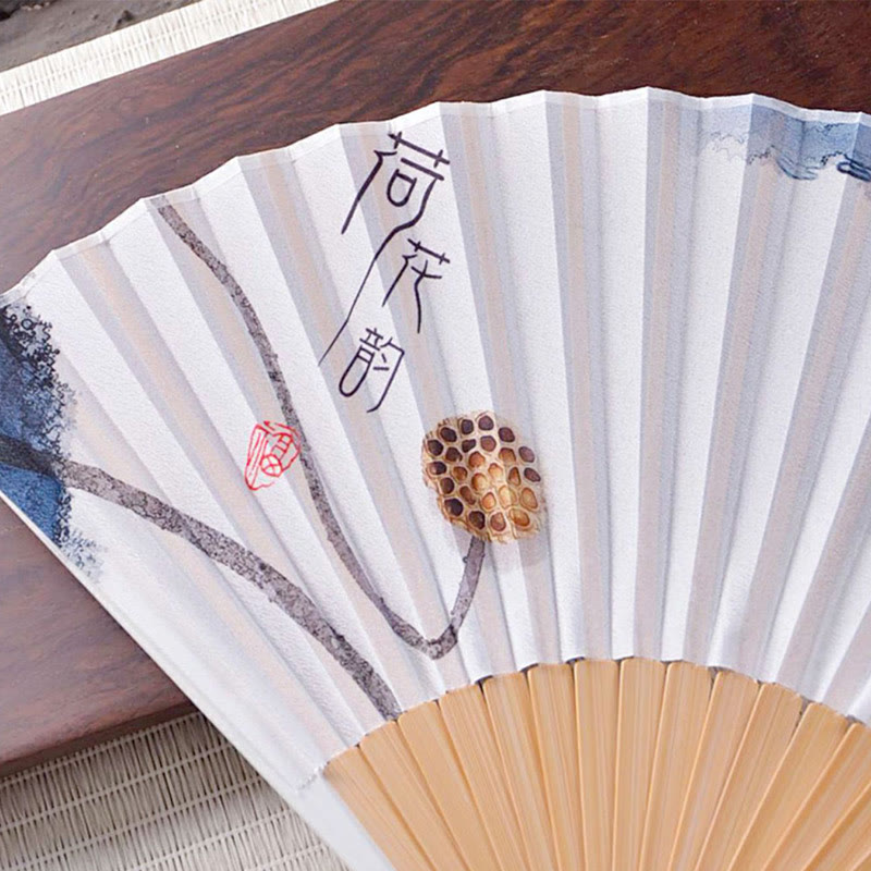 Buddha Stones Chinese Characters Ink Painting Lotus Flower Leaf Landscape Handheld Huayao Crepe Polyester Bamboo Folding Fan 23.3cm - image 4
