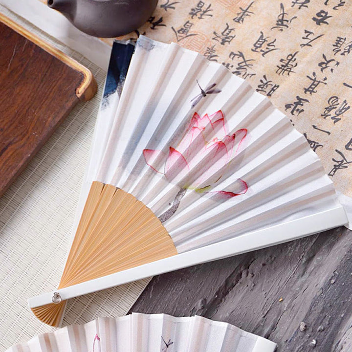 Buddha Stones Chinese Characters Ink Painting Lotus Flower Leaf Landscape Handheld Huayao Crepe Polyester Bamboo Folding Fan 23.3cm - image 2