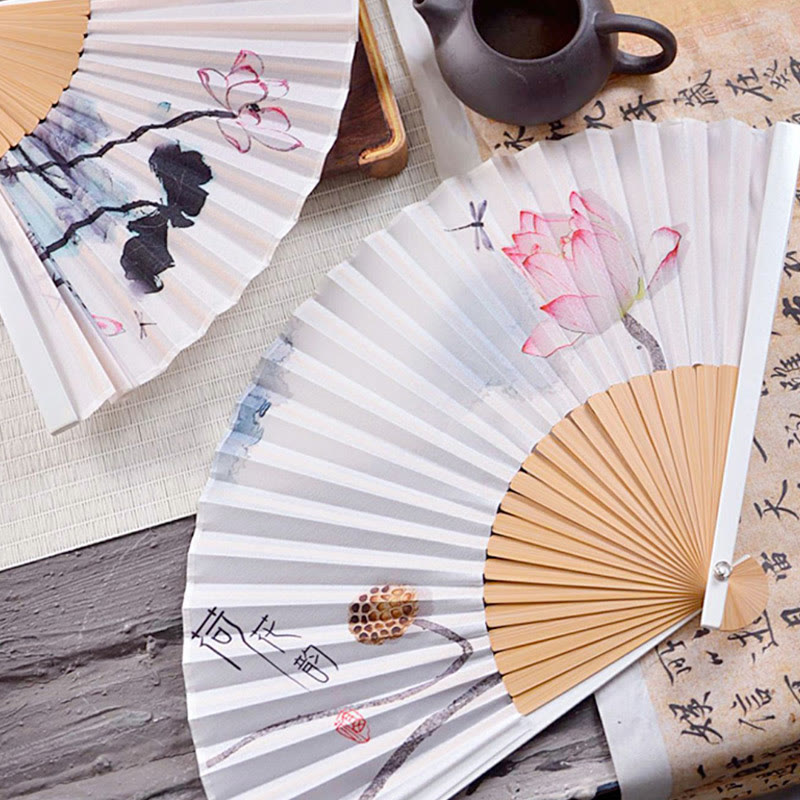 Buddha Stones Chinese Characters Ink Painting Lotus Flower Leaf Landscape Handheld Huayao Crepe Polyester Bamboo Folding Fan 23.3cm - image 0