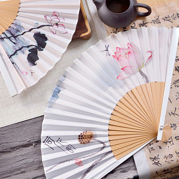 Buddha Stones Chinese Characters Ink Painting Lotus Flower Leaf Landscape Handheld Huayao Crepe Polyester Bamboo Folding Fan 23.3cm - image 0