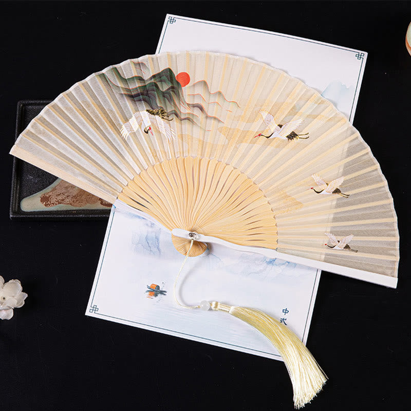 Buddha Stones Cranes Auspicious Clouds Solid Color Gradient Handheld Cotton Linen Fabric Bamboo Folding Fan - Sunset Crane Yellow 21cm - image 3