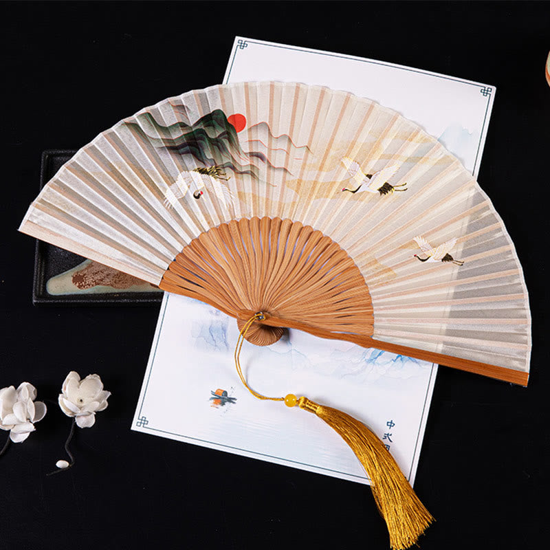 Buddha Stones Cranes Auspicious Clouds Solid Color Gradient Handheld Cotton Linen Fabric Bamboo Folding Fan - Sunset Crane White 21cm - image 1