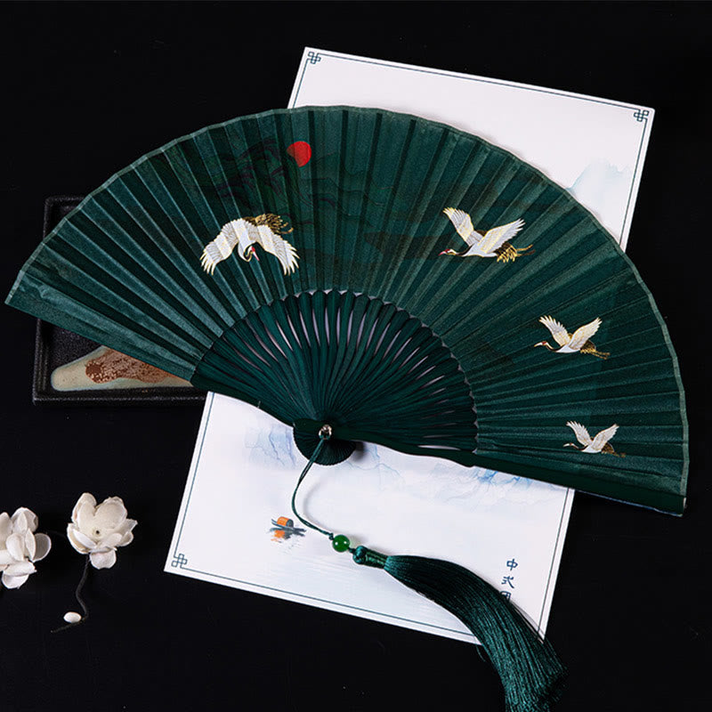 Buddha Stones Cranes Auspicious Clouds Solid Color Gradient Handheld Cotton Linen Fabric Bamboo Folding Fan - Dark Green Sunset Crane 21cm - image 0