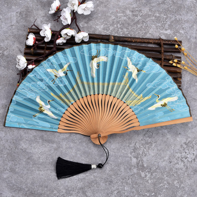Buddha Stones Cranes Auspicious Clouds Solid Color Gradient Handheld Cotton Linen Fabric Bamboo Folding Fan - Crane Cloud Blue 21cm - image 5