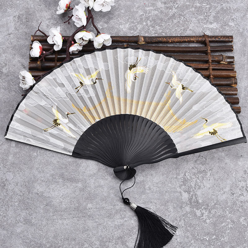 Buddha Stones Cranes Auspicious Clouds Solid Color Gradient Handheld Cotton Linen Fabric Bamboo Folding Fan - Crane Cloud Black 21cm - image 9