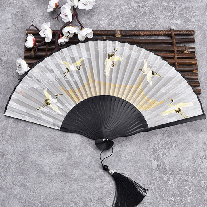 Buddha Stones Cranes Auspicious Clouds Solid Color Gradient Handheld Cotton Linen Fabric Bamboo Folding Fan - Crane Cloud Black 21cm - image 9