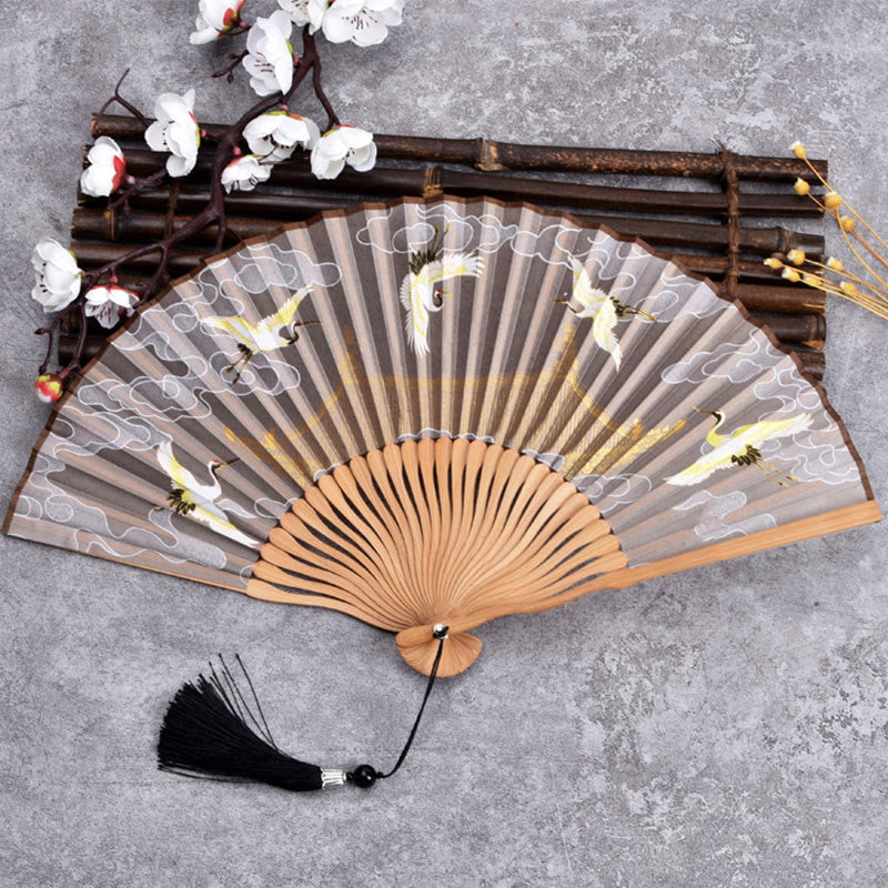 Buddha Stones Cranes Auspicious Clouds Solid Color Gradient Handheld Cotton Linen Fabric Bamboo Folding Fan - Crane Cloud Khaki 21cm - image 7