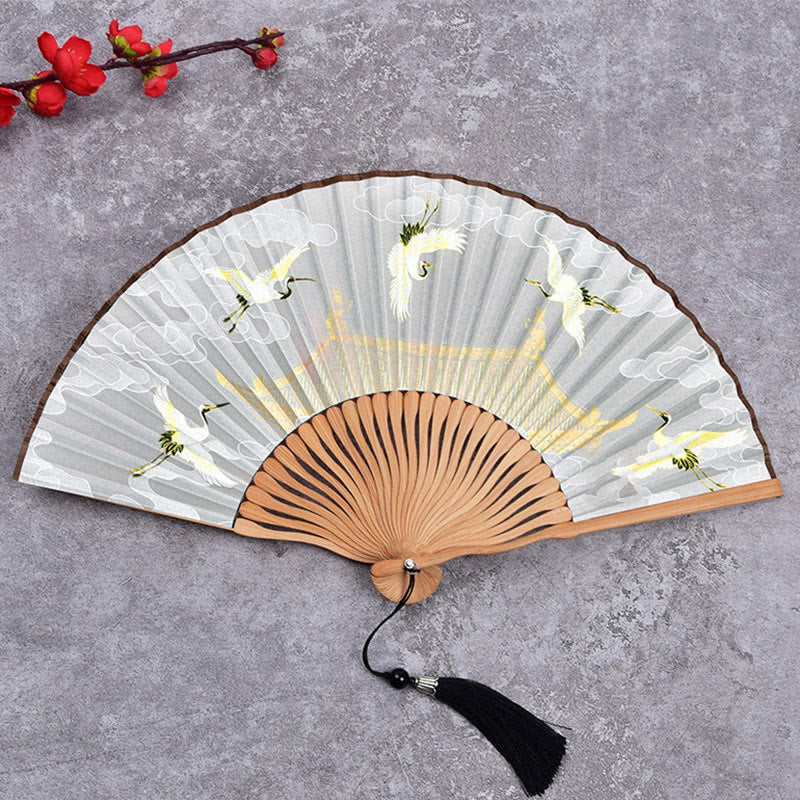 Buddha Stones Cranes Auspicious Clouds Solid Color Gradient Handheld Cotton Linen Fabric Bamboo Folding Fan - Crane Cloud White 21cm - image 8