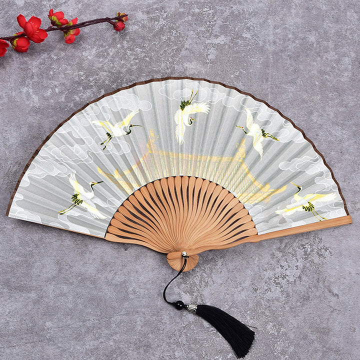 Buddha Stones Cranes Auspicious Clouds Solid Color Gradient Handheld Cotton Linen Fabric Bamboo Folding Fan - Crane Cloud White 21cm - image 8