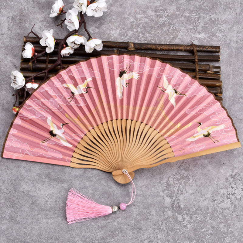 Buddha Stones Cranes Auspicious Clouds Solid Color Gradient Handheld Cotton Linen Fabric Bamboo Folding Fan - Crane Cloud Pink 21cm - image 6