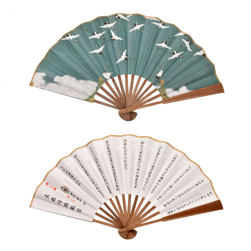 Buddha Stones Cranes Auspicious Clouds Solid Color Gradient Handheld Cotton Linen Fabric Bamboo Folding Fan - Brown Crane Ancient Poem 33cm - image 10