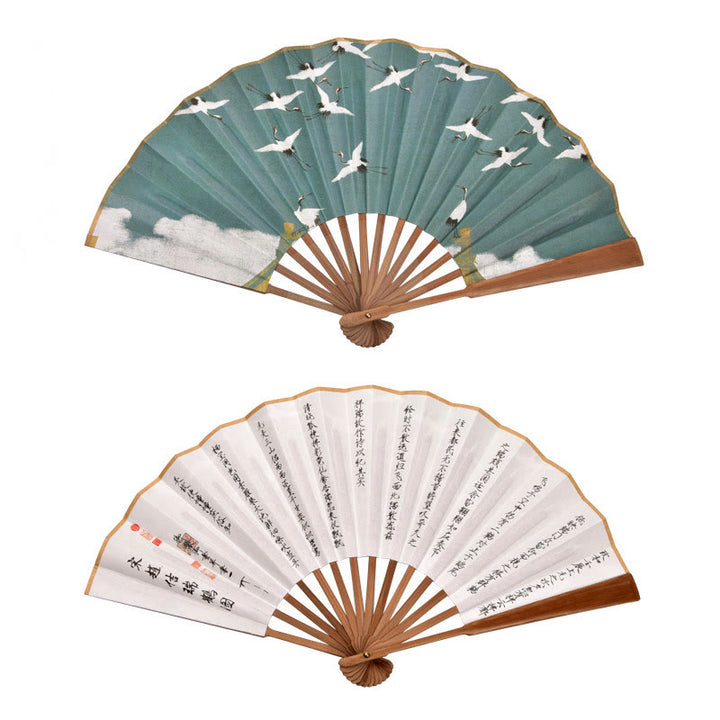 Buddha Stones Cranes Auspicious Clouds Solid Color Gradient Handheld Cotton Linen Fabric Bamboo Folding Fan - Brown Crane Ancient Poem 33cm - image 10