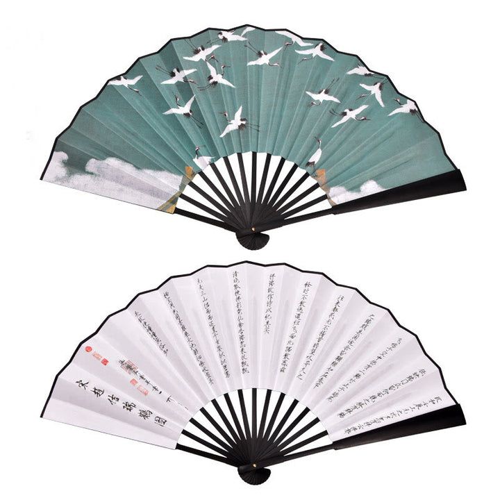 Buddha Stones Cranes Auspicious Clouds Solid Color Gradient Handheld Cotton Linen Fabric Bamboo Folding Fan - Black Crane Ancient Poem Black 33cm - image 12