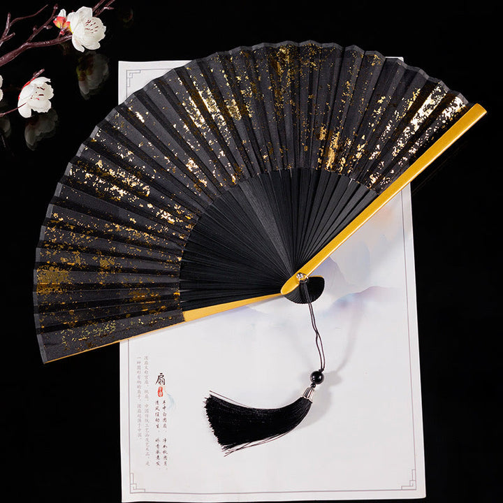 Buddha Stones Cranes Auspicious Clouds Solid Color Gradient Handheld Cotton Linen Fabric Bamboo Folding Fan - Black Gold 22cm - image 14