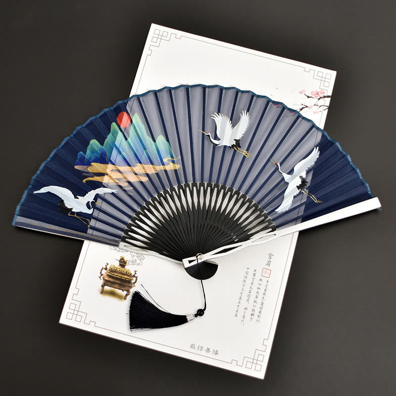 Buddha Stones Cranes Auspicious Clouds Solid Color Gradient Handheld Cotton Linen Fabric Bamboo Folding Fan - Painted Crane 21cm - image 13