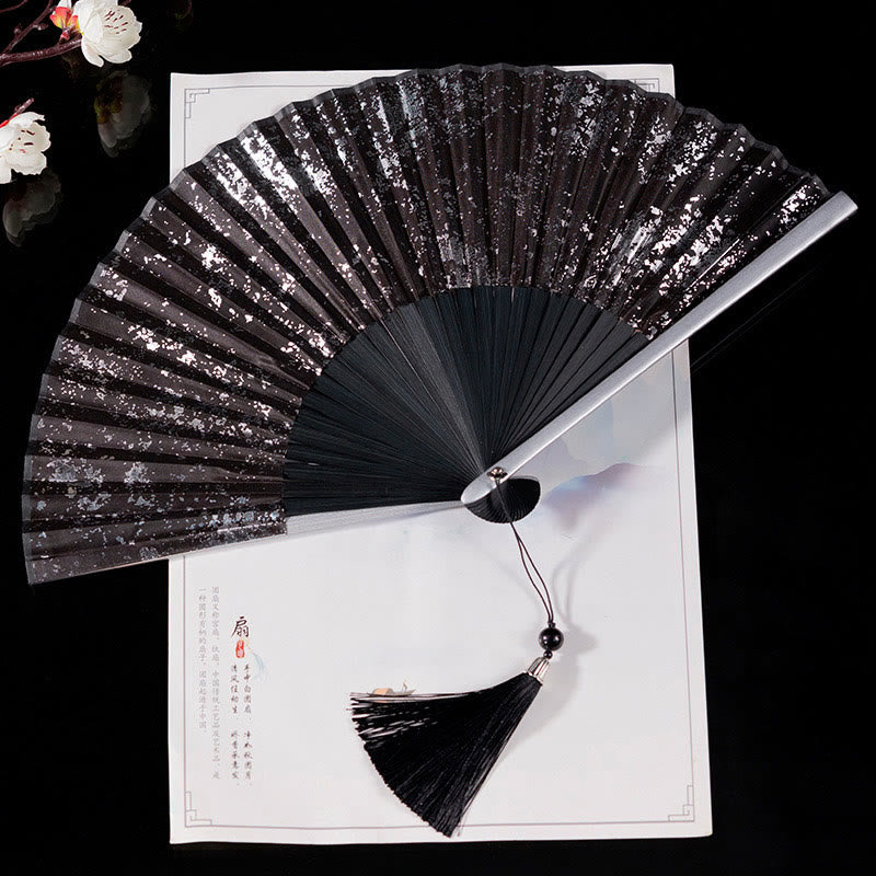 Buddha Stones Cranes Auspicious Clouds Solid Color Gradient Handheld Cotton Linen Fabric Bamboo Folding Fan - Black Silver 22cm - image 15