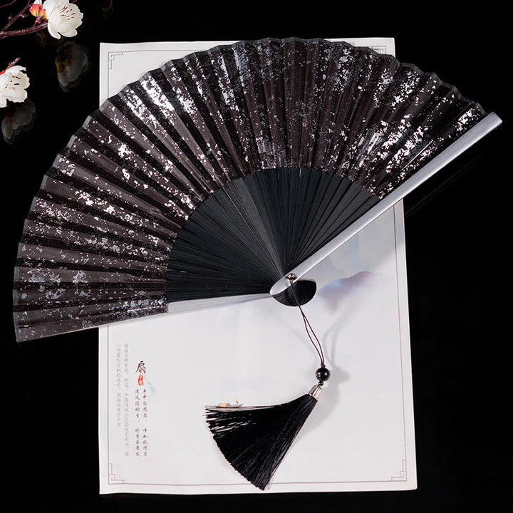 Buddha Stones Cranes Auspicious Clouds Solid Color Gradient Handheld Cotton Linen Fabric Bamboo Folding Fan - Black Silver 22cm - image 15