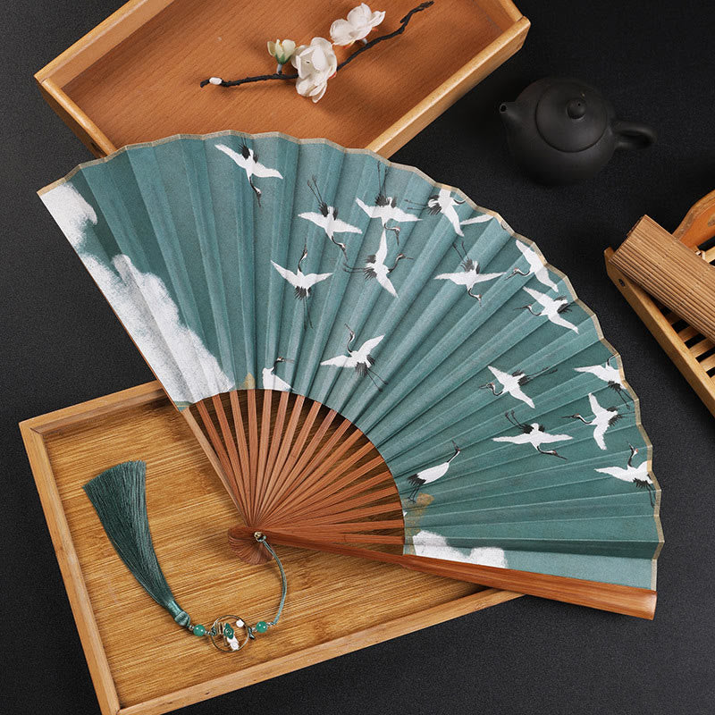 Buddha Stones Cranes Auspicious Clouds Solid Color Gradient Handheld Cotton Linen Fabric Bamboo Folding Fan - Brown Crane 30cm - image 16