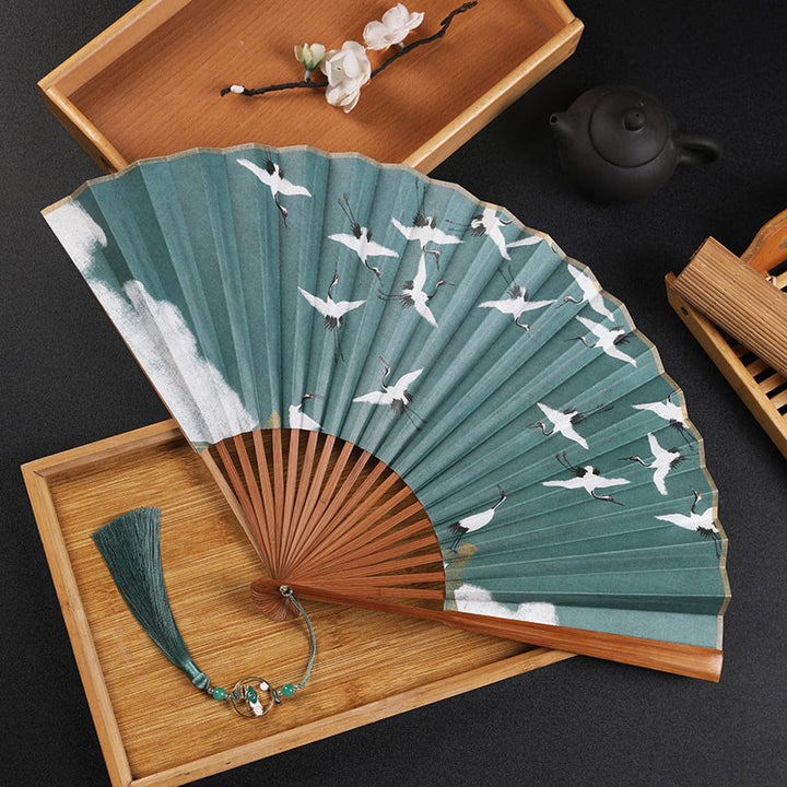 Buddha Stones Cranes Auspicious Clouds Solid Color Gradient Handheld Cotton Linen Fabric Bamboo Folding Fan - Brown Crane 30cm - image 16