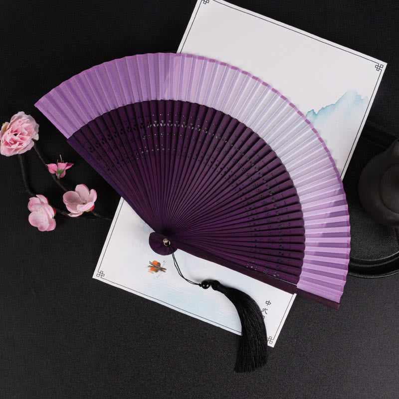Buddha Stones Cranes Auspicious Clouds Solid Color Gradient Handheld Cotton Linen Fabric Bamboo Folding Fan - Purple Gradient 21cm - image 20