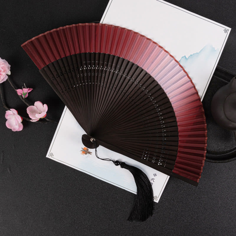Buddha Stones Cranes Auspicious Clouds Solid Color Gradient Handheld Cotton Linen Fabric Bamboo Folding Fan - Red Gradient 21cm - image 18