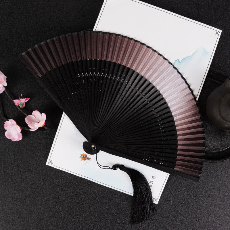 Buddha Stones Cranes Auspicious Clouds Solid Color Gradient Handheld Cotton Linen Fabric Bamboo Folding Fan - Brown Gradient Black Rib 21cm - image 24
