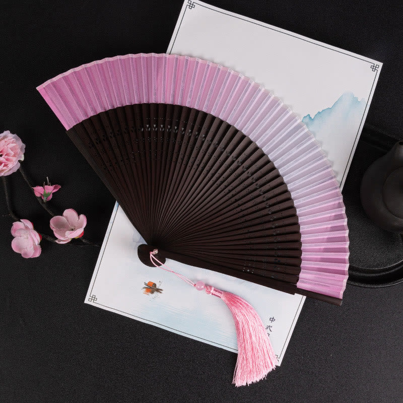 Buddha Stones Cranes Auspicious Clouds Solid Color Gradient Handheld Cotton Linen Fabric Bamboo Folding Fan - Pink Gradient 21cm - image 21