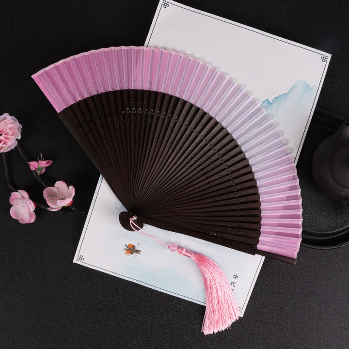 Buddha Stones Cranes Auspicious Clouds Solid Color Gradient Handheld Cotton Linen Fabric Bamboo Folding Fan - Pink Gradient 21cm - image 21