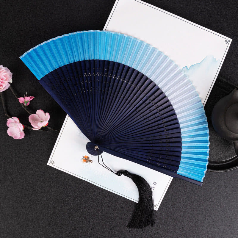 Buddha Stones Cranes Auspicious Clouds Solid Color Gradient Handheld Cotton Linen Fabric Bamboo Folding Fan - Blue Gradient 21cm - image 19