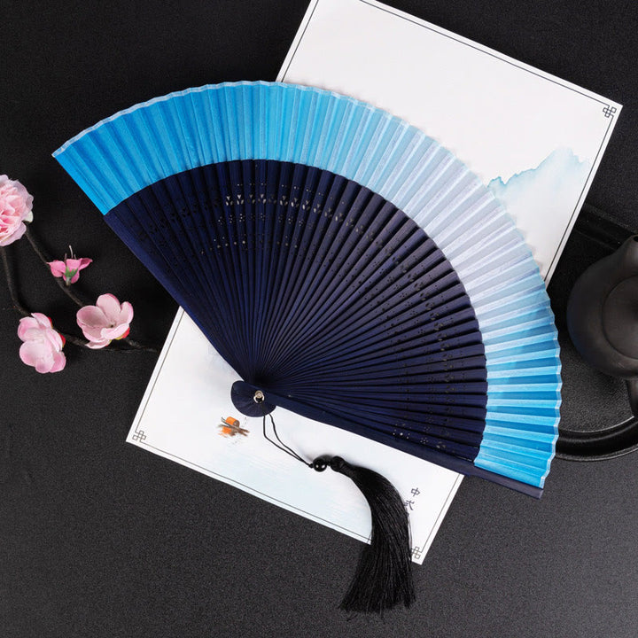 Buddha Stones Cranes Auspicious Clouds Solid Color Gradient Handheld Cotton Linen Fabric Bamboo Folding Fan - Blue Gradient 21cm - image 19