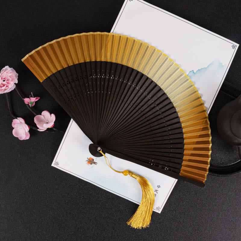 Buddha Stones Cranes Auspicious Clouds Solid Color Gradient Handheld Cotton Linen Fabric Bamboo Folding Fan - Yellow Gradient Black Rib 21cm - image 23