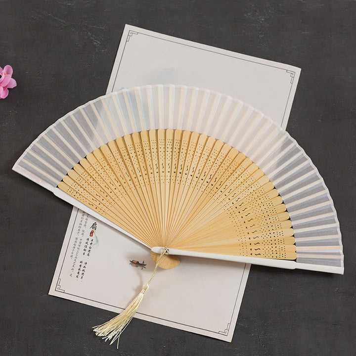 Buddha Stones Cranes Auspicious Clouds Solid Color Gradient Handheld Cotton Linen Fabric Bamboo Folding Fan - White Hollow 21cm - image 31