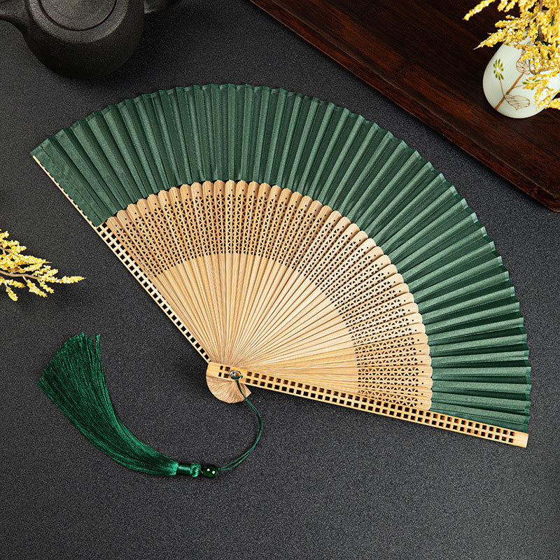 Buddha Stones Cranes Auspicious Clouds Solid Color Gradient Handheld Cotton Linen Fabric Bamboo Folding Fan - Dark Green Hollow 21cm - image 25