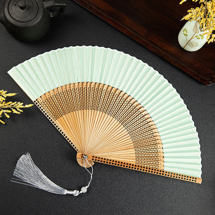 Buddha Stones Cranes Auspicious Clouds Solid Color Gradient Handheld Cotton Linen Fabric Bamboo Folding Fan - Light Green Hollow 21cm - image 29