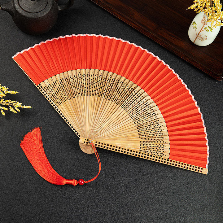 Buddha Stones Cranes Auspicious Clouds Solid Color Gradient Handheld Cotton Linen Fabric Bamboo Folding Fan - Red Hollow 21cm - image 26