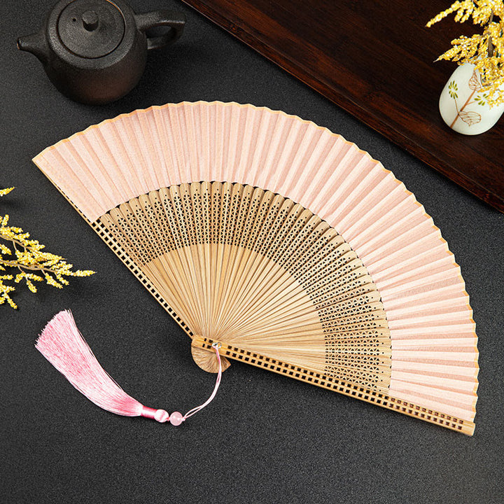 Buddha Stones Cranes Auspicious Clouds Solid Color Gradient Handheld Cotton Linen Fabric Bamboo Folding Fan - Pink Hollow 21cm - image 28