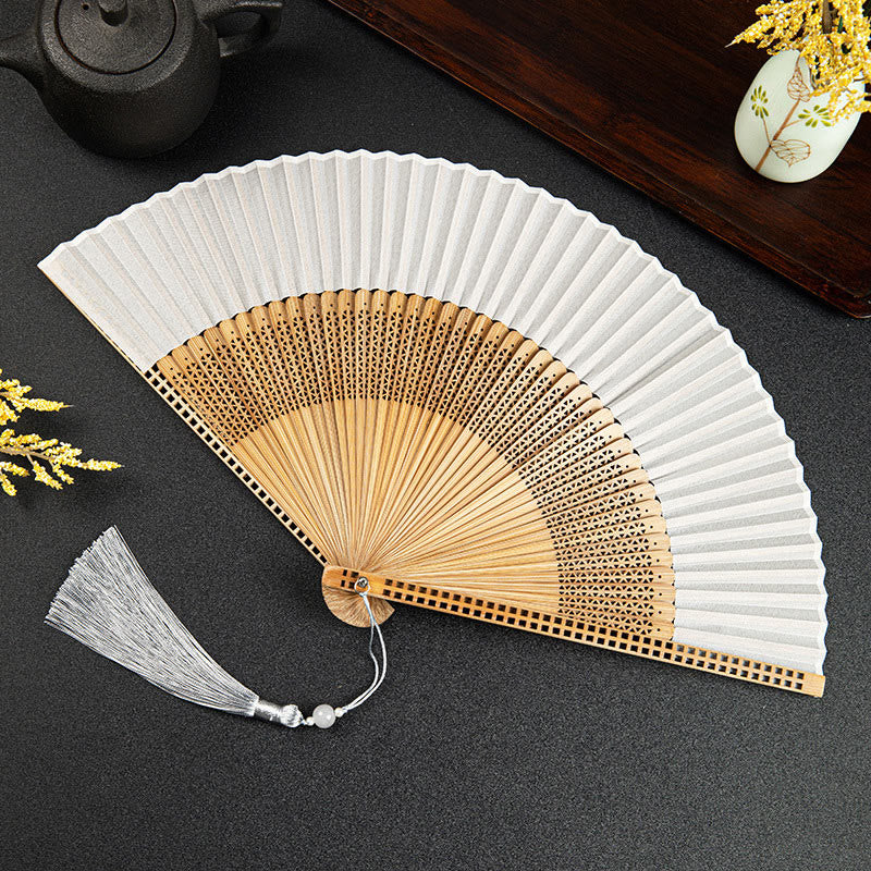 Buddha Stones Cranes Auspicious Clouds Solid Color Gradient Handheld Cotton Linen Fabric Bamboo Folding Fan - Gray Hollow 21cm - image 30