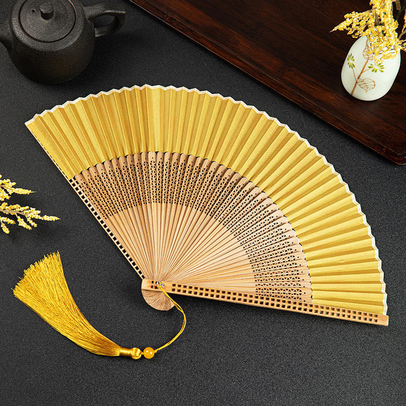 Buddha Stones Cranes Auspicious Clouds Solid Color Gradient Handheld Cotton Linen Fabric Bamboo Folding Fan - Yellow Hollow 21cm - image 27