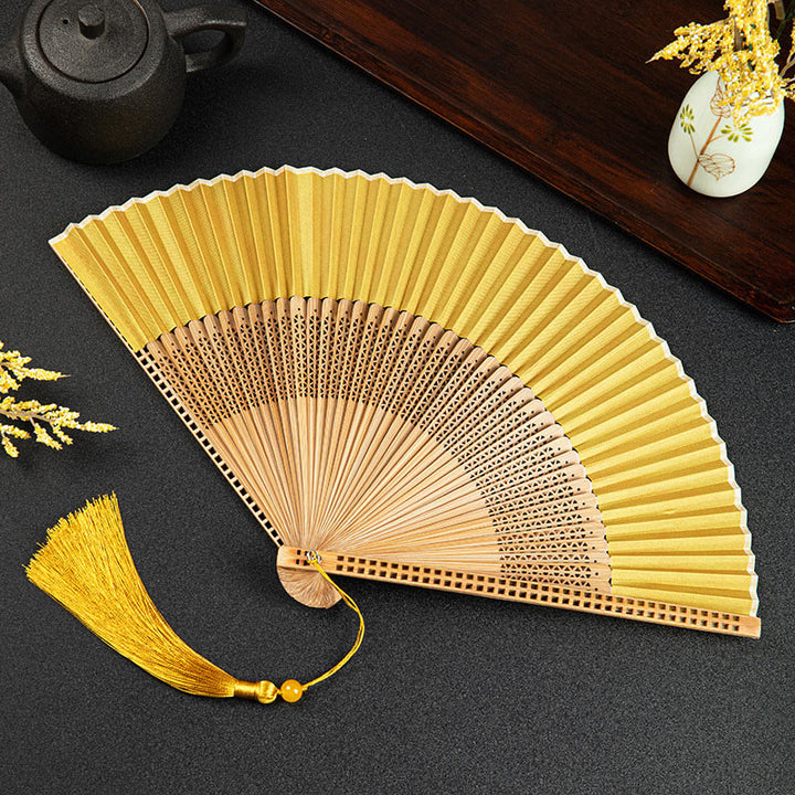 Buddha Stones Cranes Auspicious Clouds Solid Color Gradient Handheld Cotton Linen Fabric Bamboo Folding Fan - Yellow Hollow 21cm - image 27
