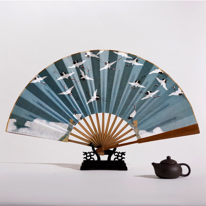 Buddha Stones Cranes Auspicious Clouds Solid Color Gradient Handheld Cotton Linen Fabric Bamboo Folding Fan - image 11