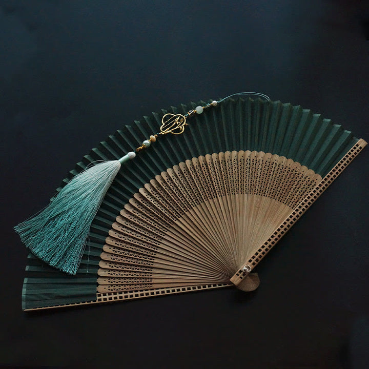 Buddha Stones Dark Green Tassel Hollow Rib Silk Handheld Bamboo Folding Fan - image 3