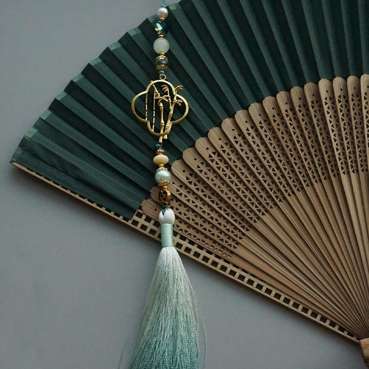 Buddha Stones Dark Green Tassel Hollow Rib Silk Handheld Bamboo Folding Fan - image 20