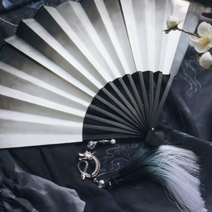 Buddha Stones Black White Ink Gradient Rice Paper Handheld Bamboo Folding Fan - image 8