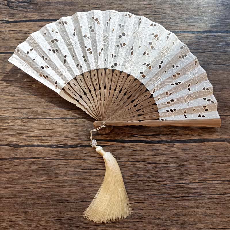 Buddha Stones Solid Color Hollow Flowers Embroidery Cotton Fabric Handheld Bamboo Folding Fan - image 1